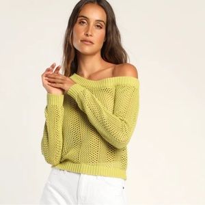 Lulu’s off the shoulder knit sweater in chartreuse green